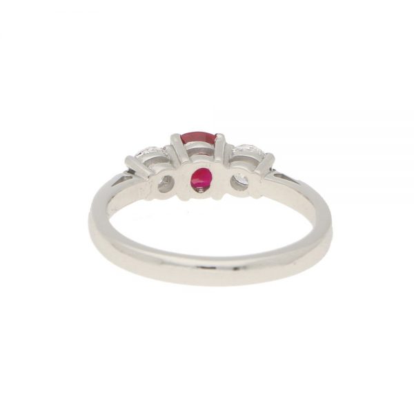 0.98ct Ruby and Diamond Three Stone Engagement Ring in 18ct White Gold