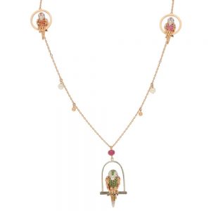 Tsavorite Garnet, Sapphire and Diamond Parrot Necklace; parrots set with orange, pink and yellow sapphires, tsavorite garnets and diamonds with ruby eye, in 18ct rose and white gold, on 26" 18ct rose gold station style chain interspersed with white gold round beads and rose gold beads and cultured pearls are suspended from the chain