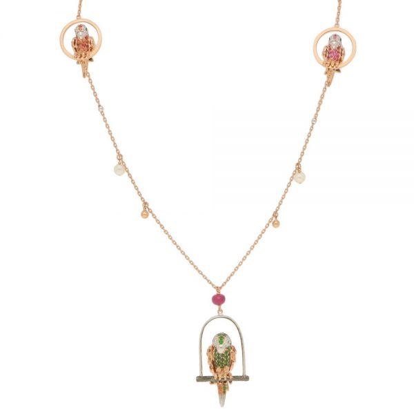 Tsavorite Garnet, Sapphire and Diamond Parrot Necklace; parrots set with orange, pink and yellow sapphires, tsavorite garnets and diamonds with ruby eye, in 18ct rose and white gold, on 26" 18ct rose gold station style chain interspersed with white gold round beads and rose gold beads and cultured pearls are suspended from the chain