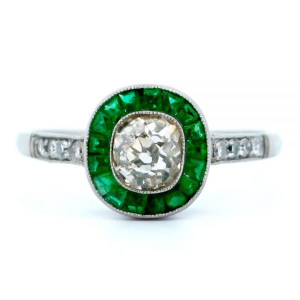 0.70ct Old Mine Cut Diamond and Emerald Target Ring