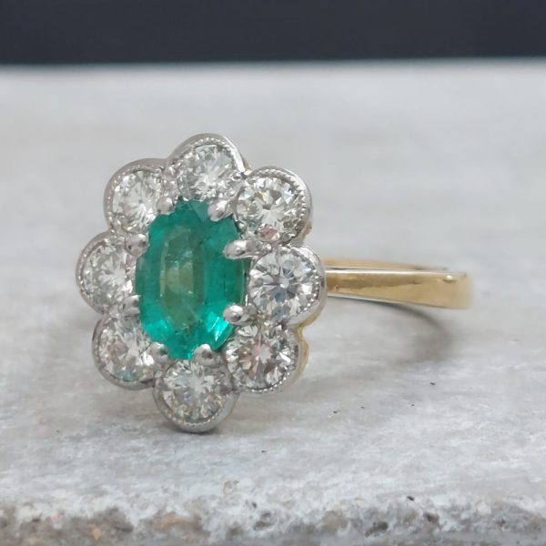 0.80ct Emerald and Diamond Floral Cluster Ring