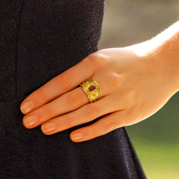 Etruscan Inspired Ruby and Diamond 18ct Yellow Gold Dress Ring
