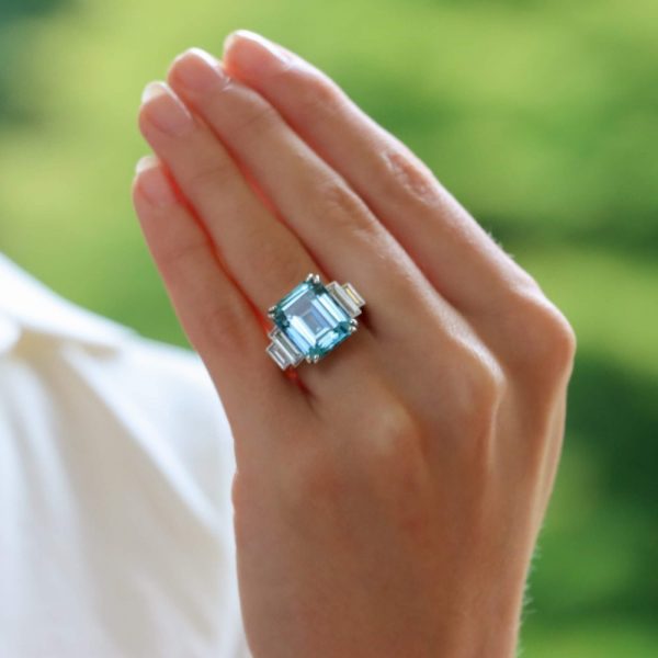 GIA Certified Art Deco Style Aquamarine and Diamond Ring