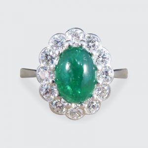 1.27ct Cabochon Emerald and 1.02ct Diamond Cluster Ring