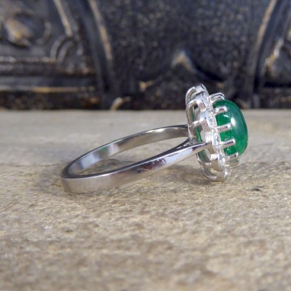 1.27ct Cabochon Emerald and 1.02ct Diamond Cluster Ring