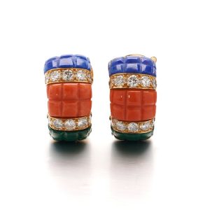 Van Cleef and Arpels Multi Gemstone and Diamond Clip On Earrings, set with lapis lazuli, malachite, coral, and 2cts brilliant-cut diamonds in 18ct yellow gold. Made in France, Circa 1980s