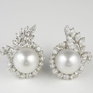 Exceptional Vintage Fifties 6.50ct Diamond and South Sea Pearl Earrings