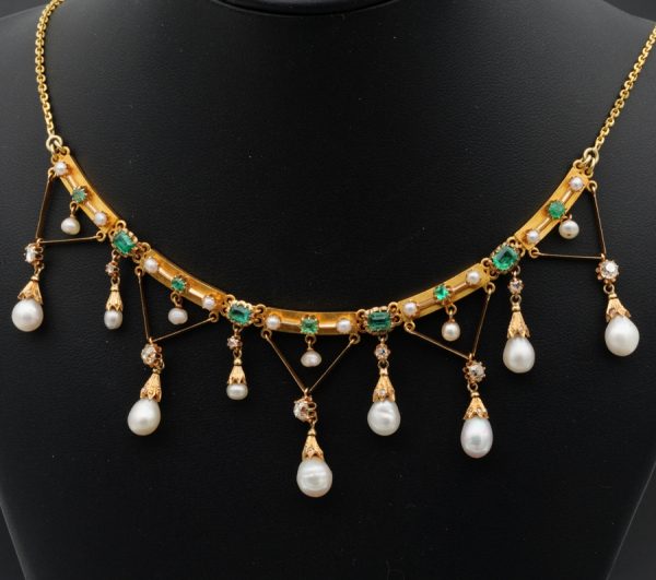 Rare Antique Edwardian Diamond Pearl and Emerald Swag Necklace c.1900