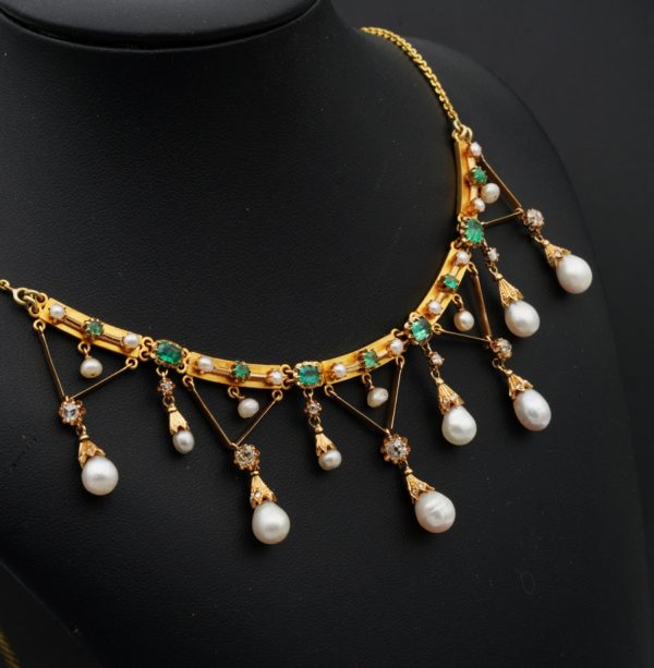 Rare Antique Edwardian Diamond Pearl and Emerald Swag Necklace c.1900