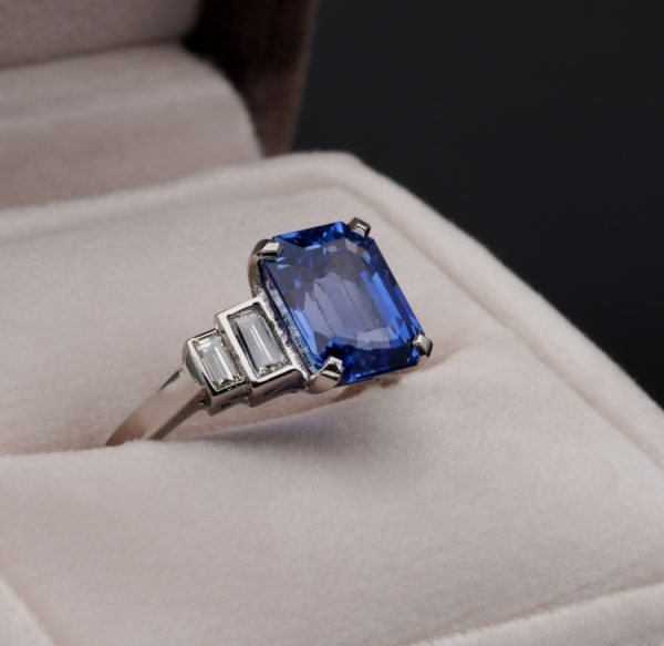 Magnificent Vintage 5.36ct Unheated Ceylon Sapphire and .70ct Diamond Platinum Engagement ring