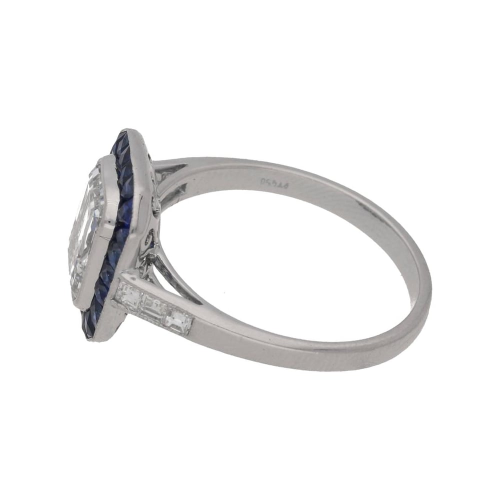 Emerald Cut Diamond and Sapphire Target Engagement Ring Platinum ...
