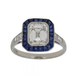 Emerald Cut Diamond and Sapphire Target Engagement Ring Platinum
