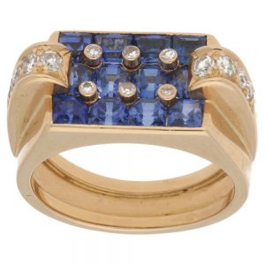 Retro Sapphire and Diamond Cocktail Ring in Rose Gold, c. 1940