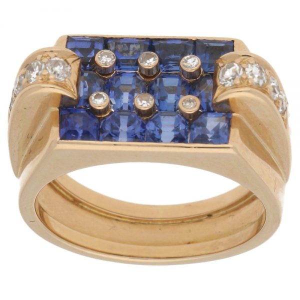 Retro Sapphire and Diamond Cocktail Ring in Rose Gold, c. 1940