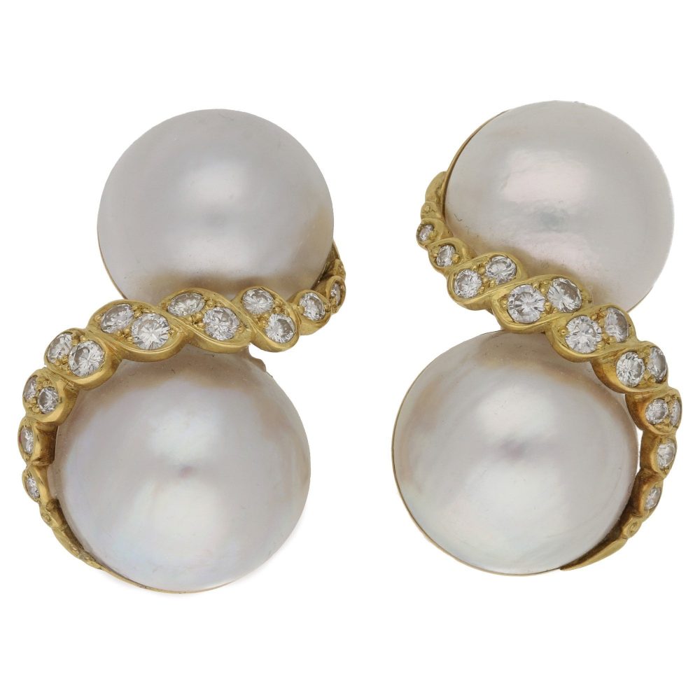 Contemporary Mabe Pearl and Diamond Clip On Earrings
