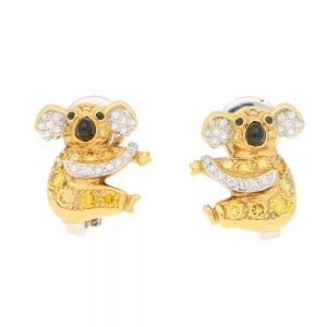 Vintage 18ct Gold Koala Bear Clip On Earrings with White and Yellow Diamonds and Onyx