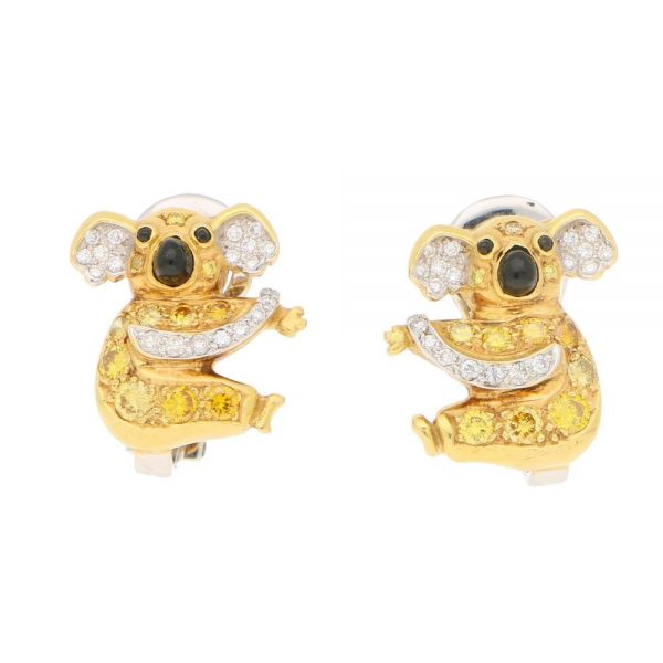 Vintage 18ct Gold Koala Bear Clip On Earrings with White and Yellow Diamonds and Onyx
