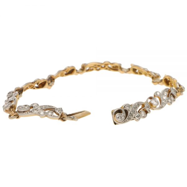 Antique Victorian Scrolled Diamond Bracelet in Silver on Gold