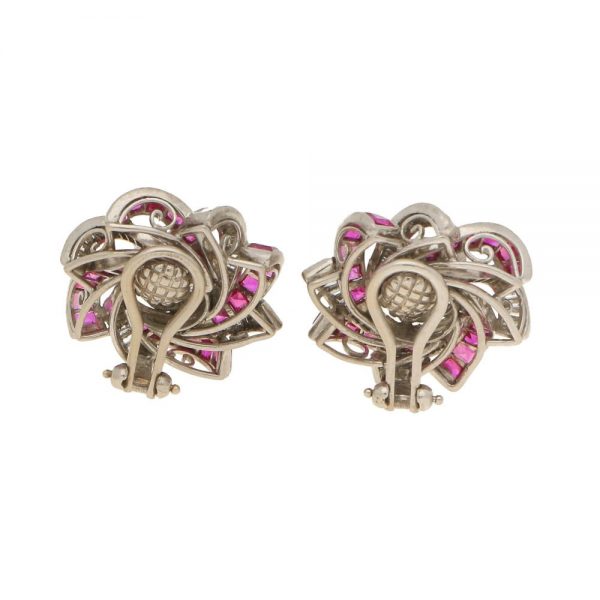 3.60ct Diamond and Calibre Cut Ruby Swirl Clip Earrings in White Gold