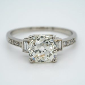 Art Deco 2.54ct Old Mine Cut Diamond Solitaire Engagement Ring with Baguette and Brilliant Shoulders in Platinum