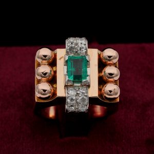 Big Retro French Colombian Emerald Diamond 18ct Rose Gold Tank Cocktail Ring