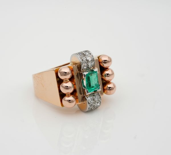 Big Retro French Colombian Emerald Diamond 18ct Rose Gold Tank Cocktail Ring