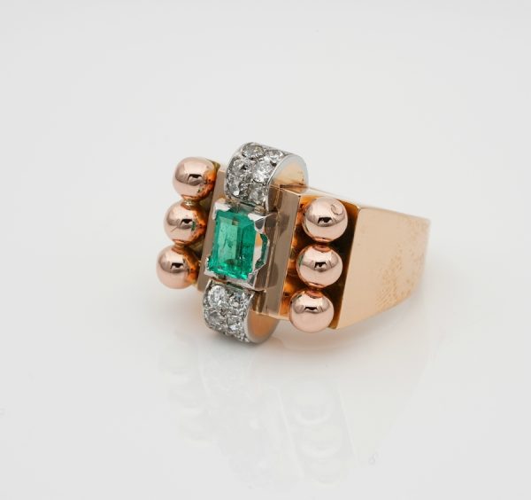 Big Retro French Colombian Emerald Diamond 18ct Rose Gold Tank Cocktail Ring