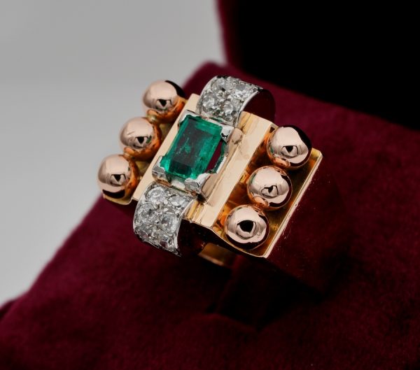 Big Retro French Colombian Emerald Diamond 18ct Rose Gold Tank Cocktail Ring