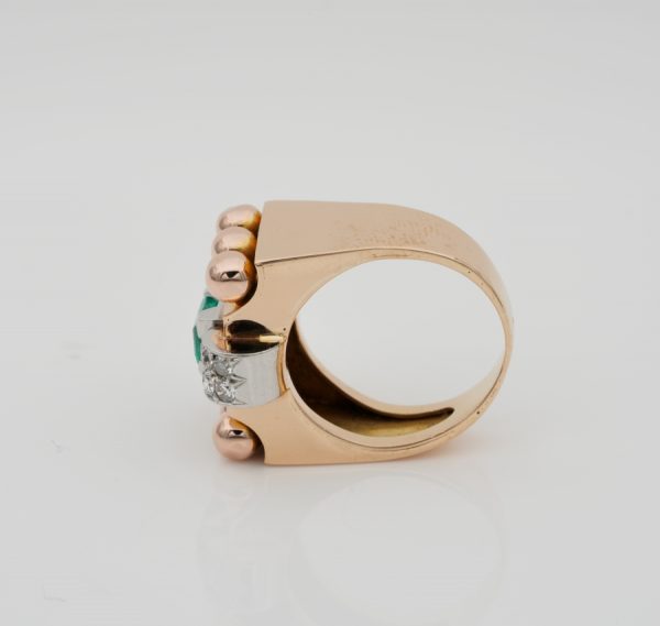 Big Retro French Colombian Emerald Diamond 18ct Rose Gold Tank Cocktail Ring