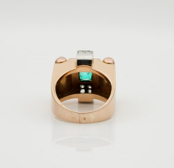 Big Retro French Colombian Emerald Diamond 18ct Rose Gold Tank Cocktail Ring