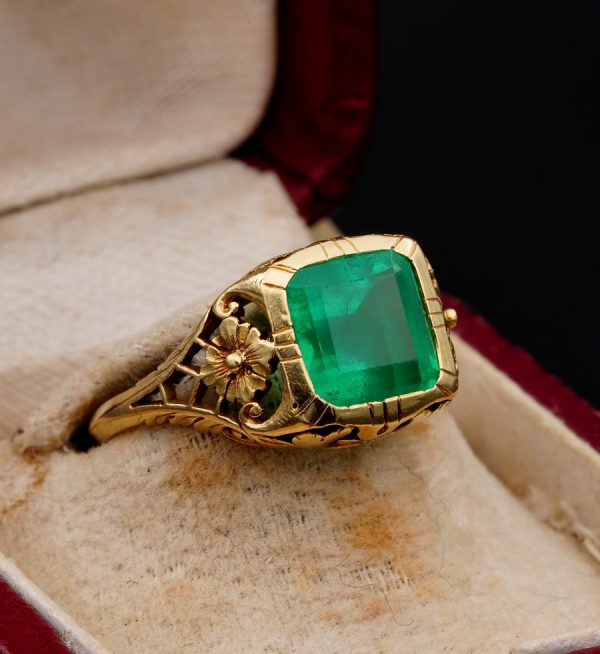 Antique Art Nouveau Rare Untreated 3.10ct Emerald Solitaire ring