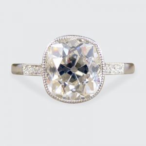 2.35ct Old Cushion Cut Diamond Solitaire Ring with Diamond Shoulders