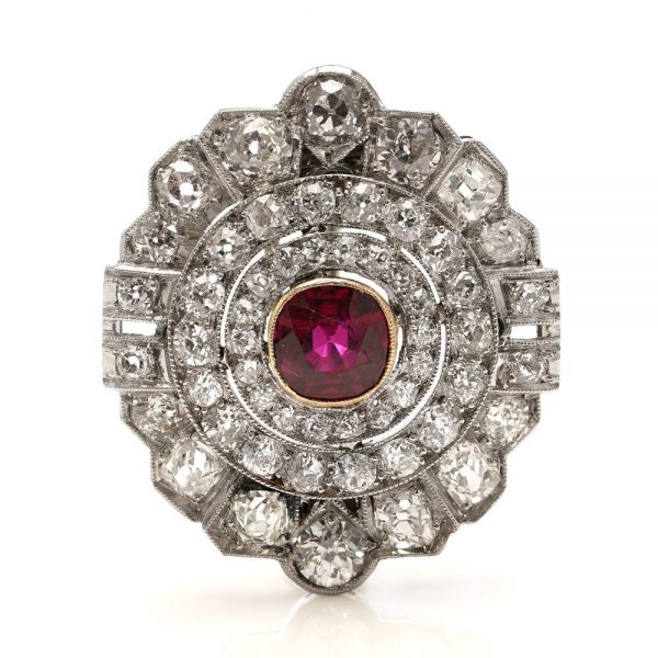 Antique ruby old cut diamond brooch