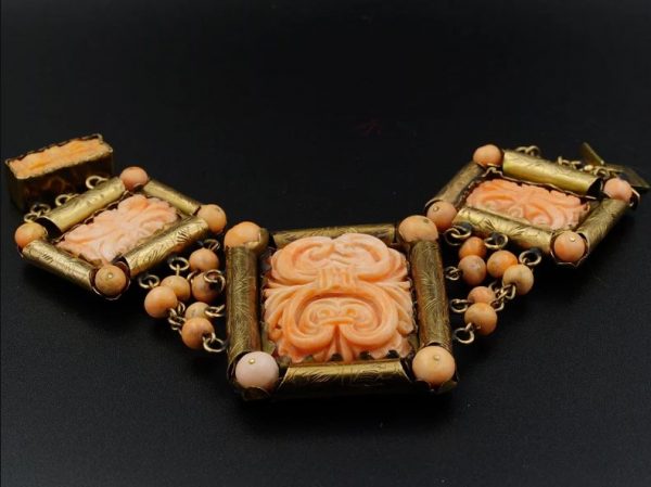 Antique Rare Carved Pink Coral Gold Plaque Bracelet