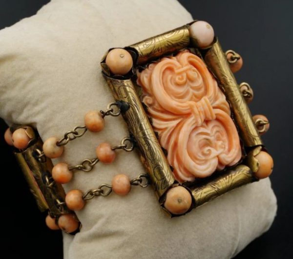 Antique Rare Carved Pink Coral Gold Plaque Bracelet