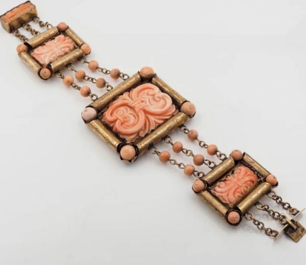 Antique Rare Carved Pink Coral Gold Plaque Bracelet