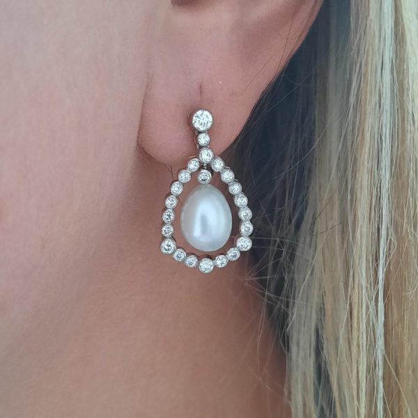 Pearl and diamond cluster drop earrings