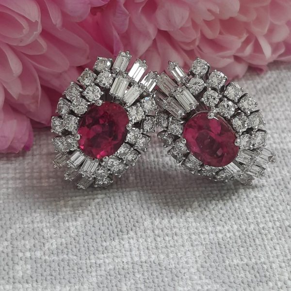 4.55ct Pink Tourmaline and Diamond Cluster Earrings