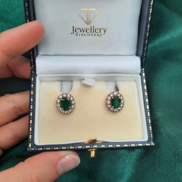 2.20ct Colombian Emerald and Diamond Oval Cluster Earrings