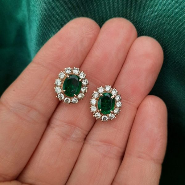 2.20ct Colombian Emerald and Diamond Oval Cluster Earrings