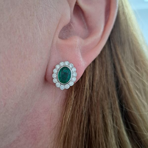 2.27ct Oval Emerald and Diamond Cluster Earrings