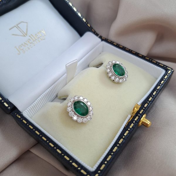 2.27ct Oval Emerald and Diamond Cluster Earrings