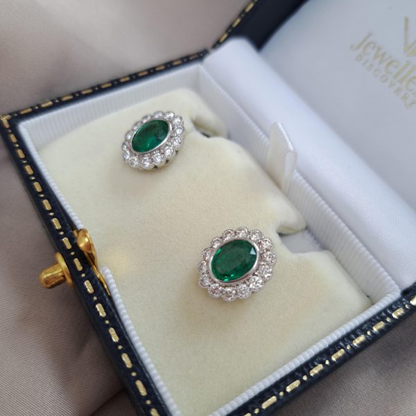 2.27ct Oval Emerald and Diamond Cluster Earrings