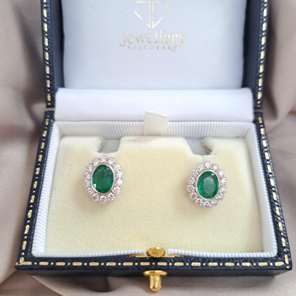 Emerald and Diamond Oval Cluster Earrings, 2.27 carats