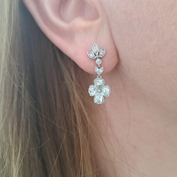 Antique Diamond Quatrefoil Cluster Drop Earrings