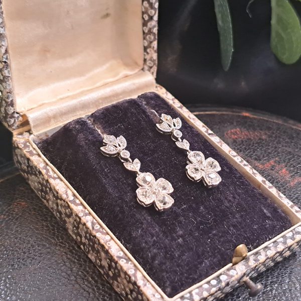 Antique Diamond Quatrefoil Cluster Drop Earrings