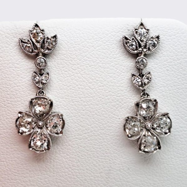 Antique Diamond Quatrefoil Cluster Drop Earrings