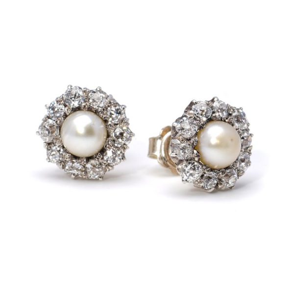 Antique Pearl and Old Cut Diamond Cluster Stud Earrings