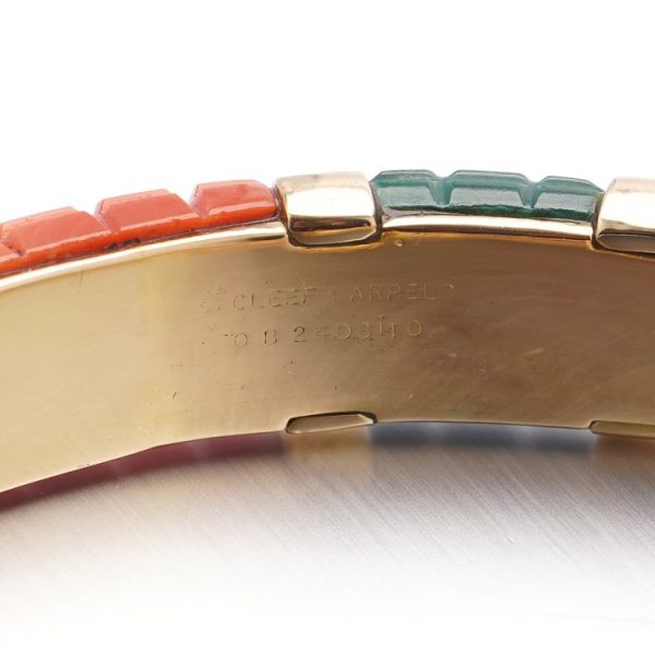 Van Cleef and Arpels 18ct Yellow Gold Bangle Bracelet with Coral Malachite Lapis Lazuli and Diamonds