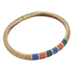 Van Cleef and Arpels Multi Gemstone and Diamond Set 18ct Gold Necklace; chunky 18ct yellow gold collar necklace set with panels of lapis lazuli, malachite and coral accented with 2.10cts brilliant-cut diamonds. Made in France, Circa 1980s